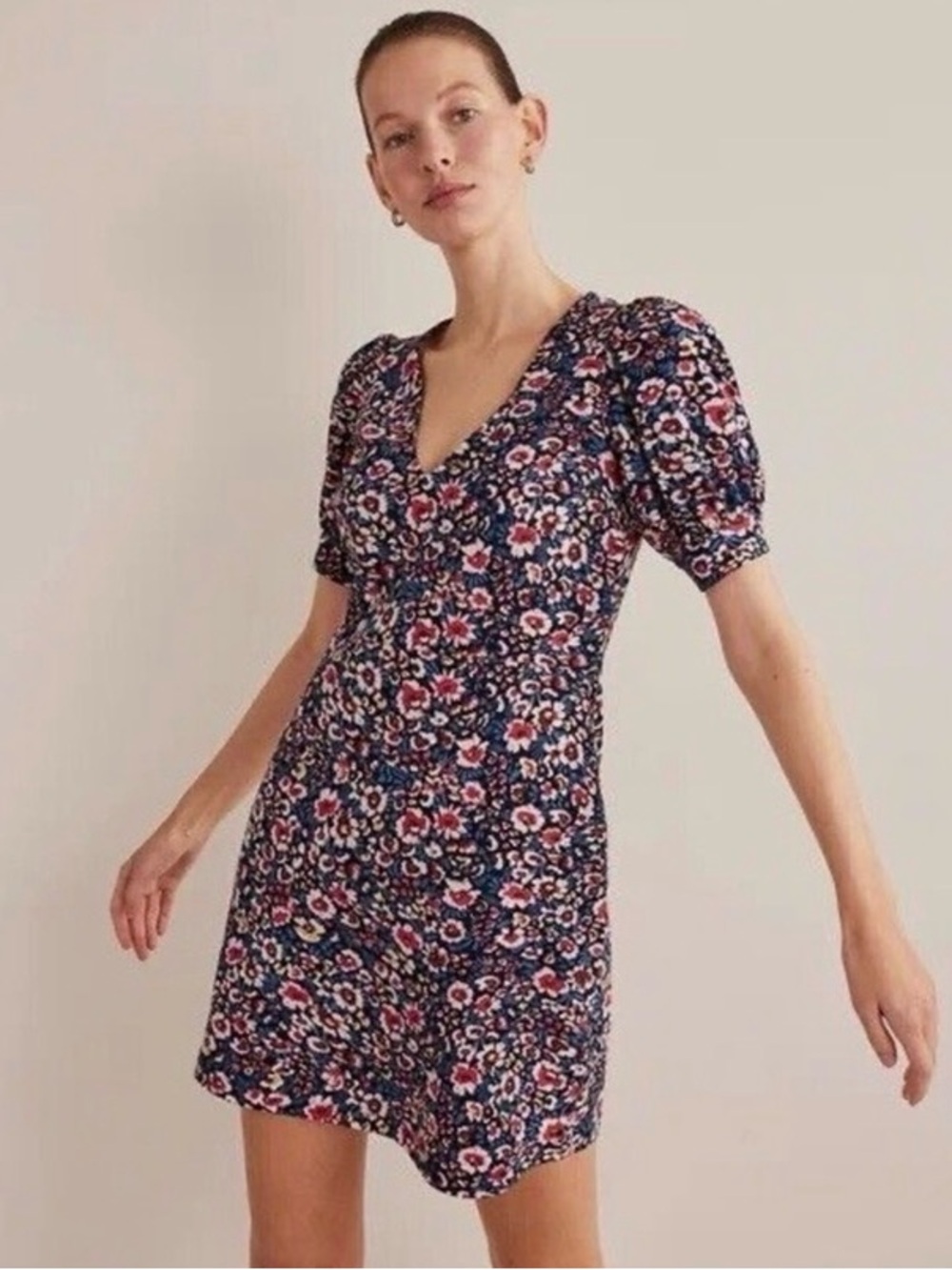 Boden Red floral French Navy Stretch Jersey knit dress size 2